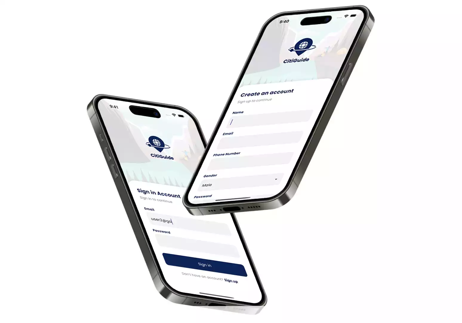 CitiGuide login and sign up screens