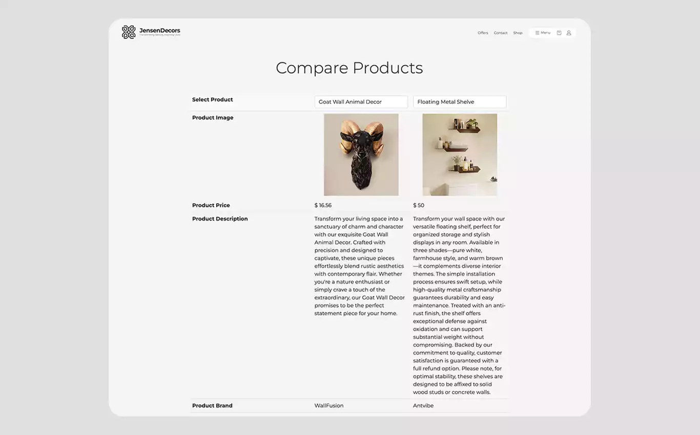 JensonDecor product and comparison pages